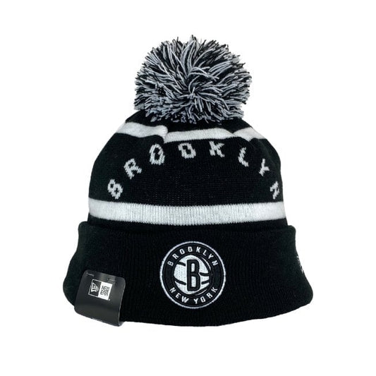 New Era Brooklyn Nets YOUTH Wordmark Pom Knit Beanie - Black