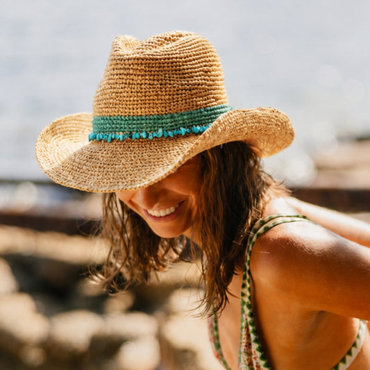 Before Dark Ladies Castaway Raffia Cowboy Hat - Turquoise