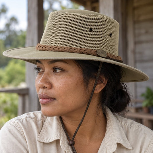 Barmah 1057KH Canvas Drover Airflow Hat - Khaki