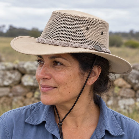 Barmah 1057BE Canvas Drover Airflow Hat - Beige